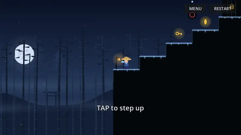 Gameplay: the hooded climber steps past a swinging mace, grabs a key, and dodges a laser on a moonlit staircase