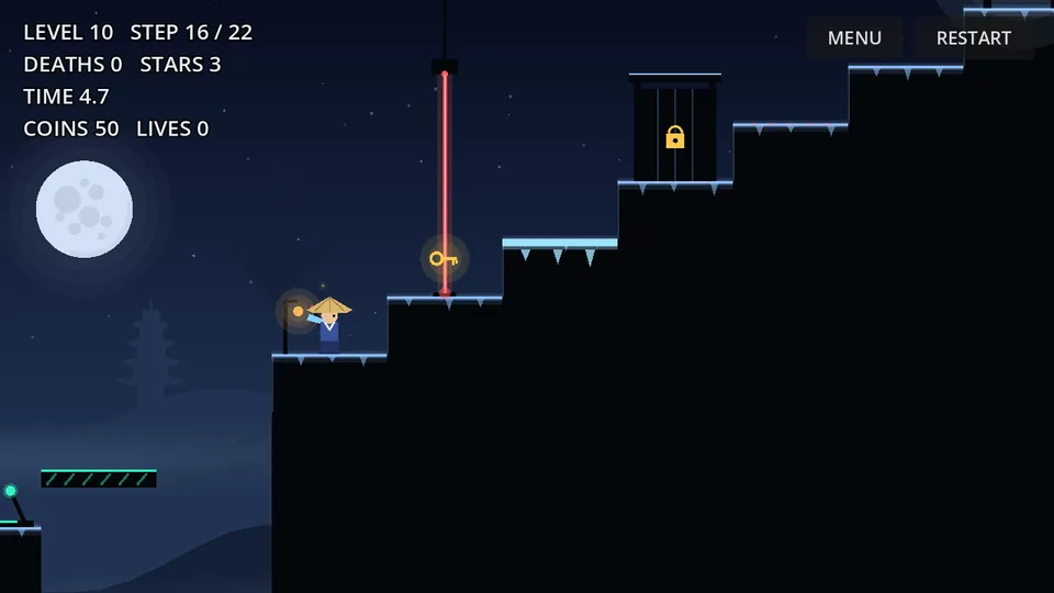 A red laser beam, a floating key and a locked gate on a moonlit staircase