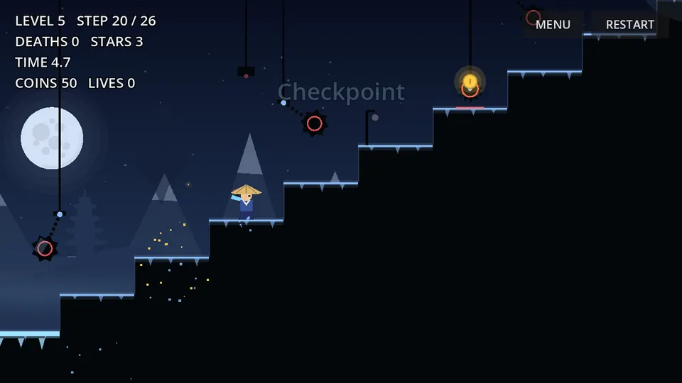 Spiked maces swing on chains above the stairs